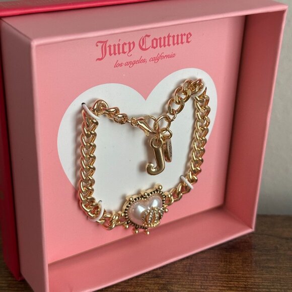 New Juicy Couture Gold Color Chain Bracelet White Clear Heart Charm Sparkly - Picture 2 of 3